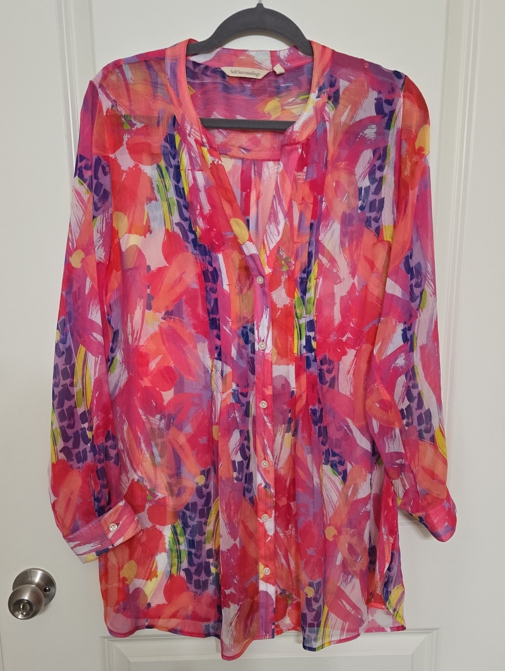 Soft Surroundings Vibrant Pink Multicolor Floral Sheer Button-Down